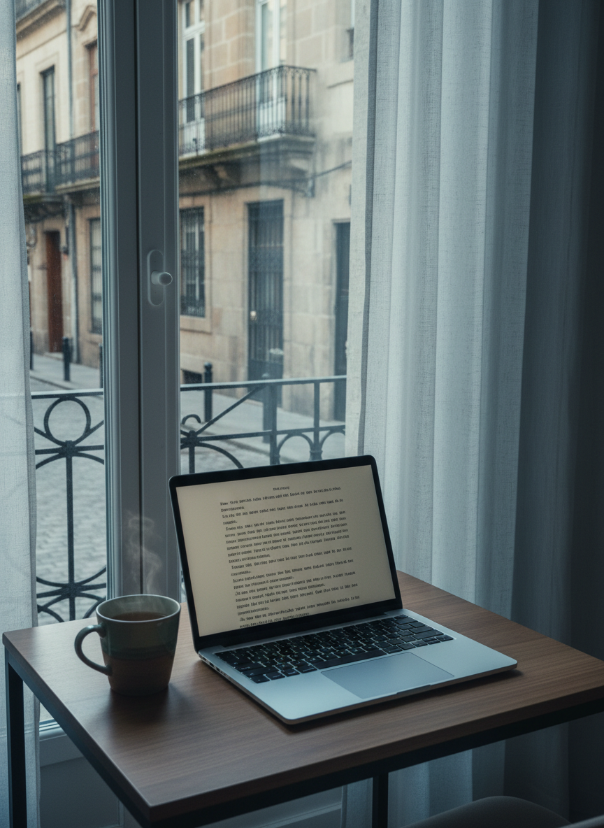 A sleek laptop with a dimmed, text-filled screen sits on a narrow wooden writing table positioned beside a tall window overlooking an old European street of stone buildings and wrought-iron balconies. On the screen, paragraphs of text form a structured essay, though individual words are indistinct. Soft late-afternoon light seeps through gauzy curtains, bathing the scene in cool, muted tones and casting long, delicate shadows across the keyboard. A ceramic mug of tea with a subtle glaze sits nearby, steam barely visible. Captured from a slightly elevated angle, the composition uses the rule of thirds to balance the device and the view outside, evoking a thoughtful, cosmopolitan writing space with photographic realism and understated elegance.