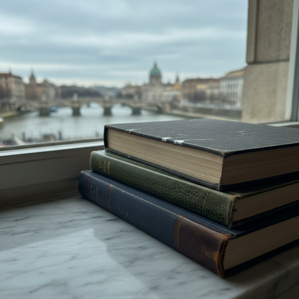 A stack of well-worn hardcover notebooks with linen and leather covers sits on a narrow marble windowsill inside a quiet apartment. Each spine shows small scuffs and faded colors in deep charcoal, moss green, and navy blue. The window frames a distant view of a riverfront cityscape: old bridges, domed roofs, and layered architecture, all softly blurred. Cool, overcast daylight pours in, creating gentle highlights on the notebook textures and restrained, feathery shadows. Shot from a low, close-up angle with shallow depth of field, the focus rests on the tactile surfaces of the journals, suggesting years of personal essays and observations. The mood is introspective and sophisticated, with photographic realism and a subdued, cultured atmosphere.