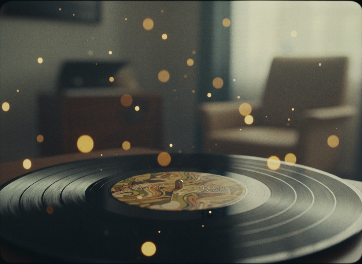 Artistic music-themed image with vintage vinyl record and soft warm bokeh lights, moody and atmospheric, film photography style, muted tones
