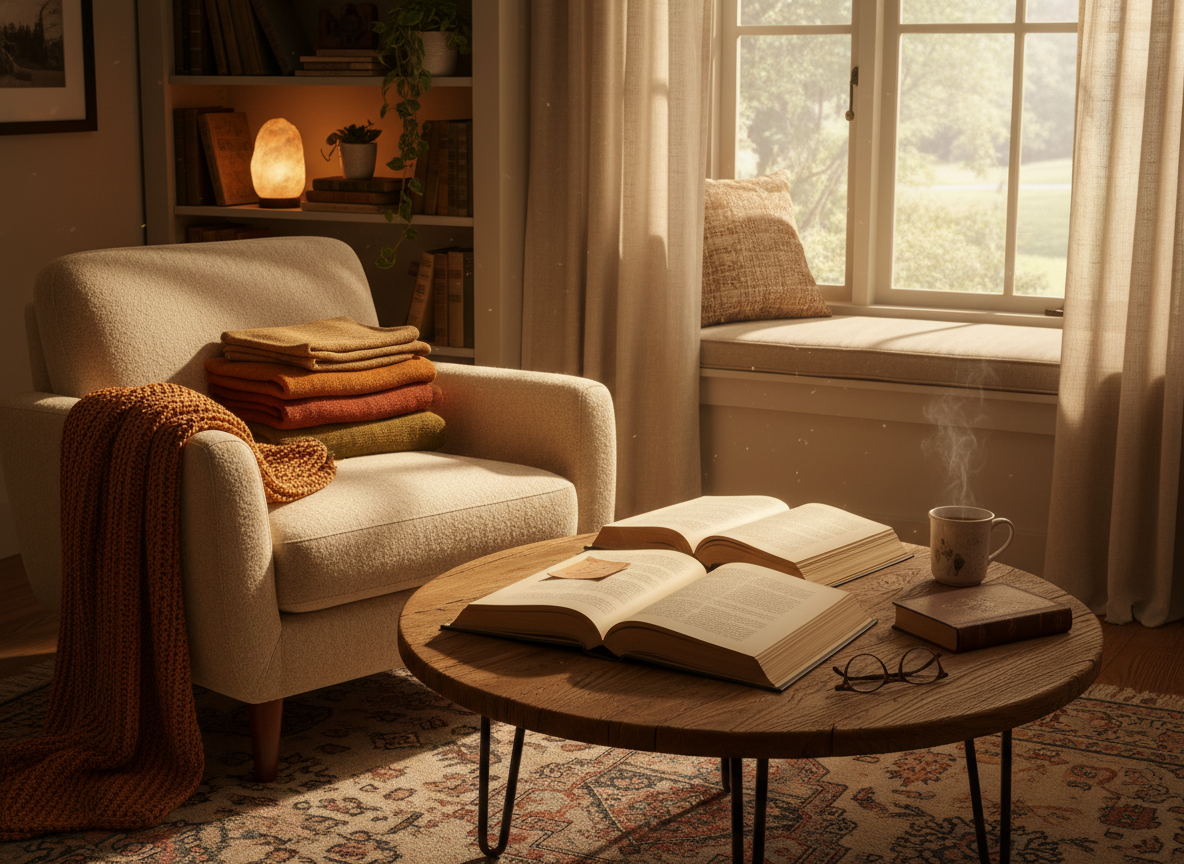 Calm and cozy reading nook with open books on a wooden table, soft natural light streaming through a window, warm tones, serene atmosphere