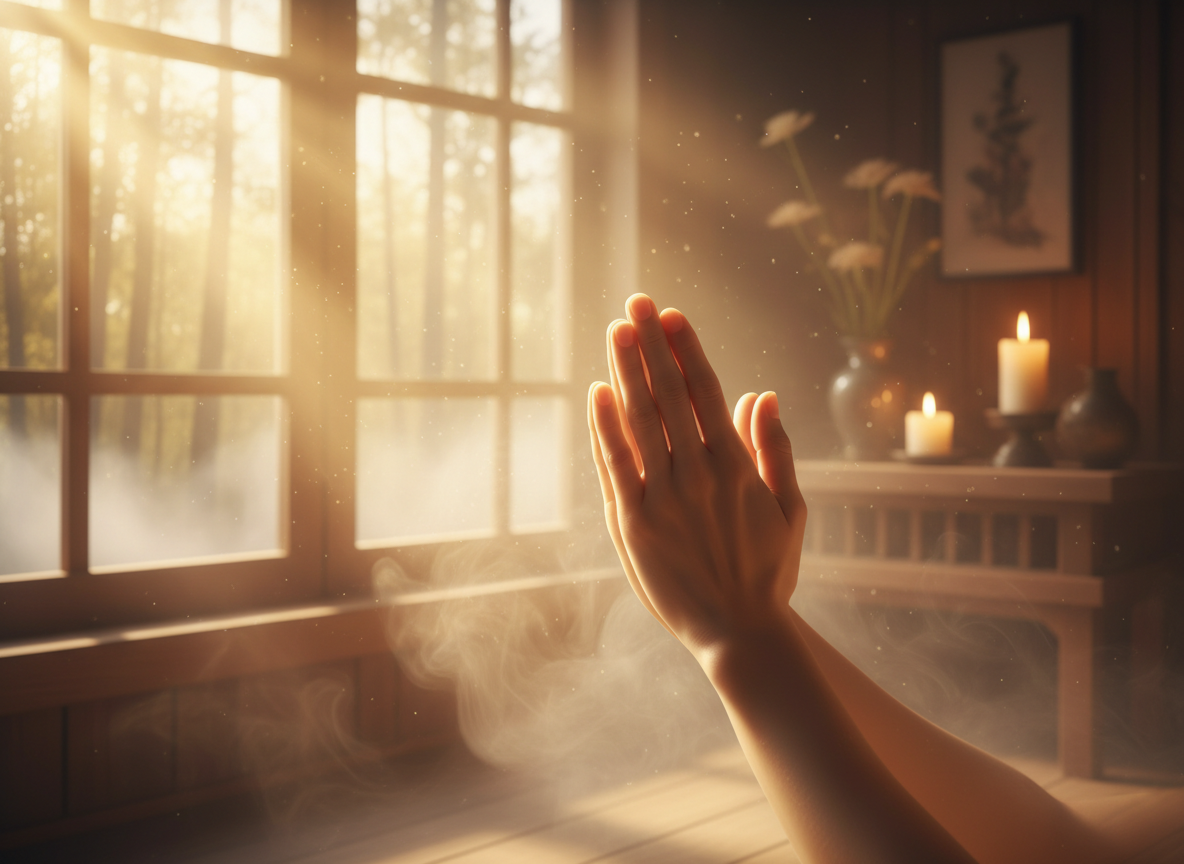 Peaceful spiritual scene with soft golden light rays through a misty window, hands gently folded in prayer, serene and ethereal atmosphere, warm and calming tones