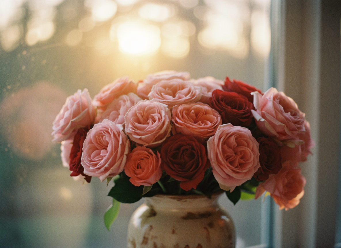 Warm and affectionate scene with a beautiful bouquet of soft pink and red roses with gentle bokeh background, romantic and tender, warm golden light, film photography style