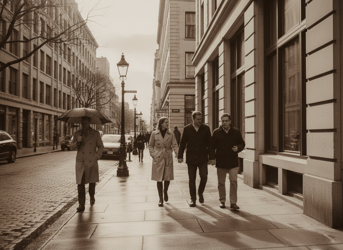 Candid street photography scene with people walking on a quiet urban sidewalk, soft natural light, slightly blurred motion, moody black and white with warm undertones, film photography style